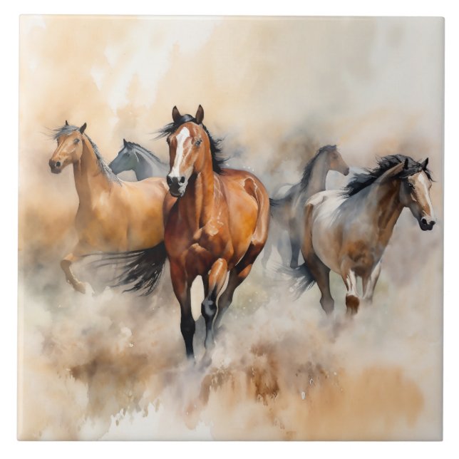 Carreau « Cinq mustangs sauvages » Aquarelle occidentale p (Devant)