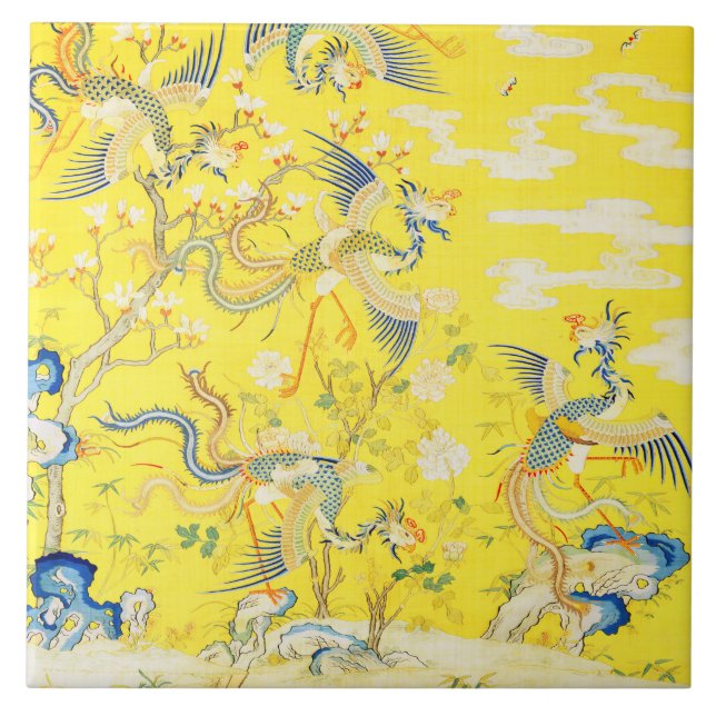 Carreau Cinq Phénix dans un Jardin Fleur Jaune Chinois  (Devant)
