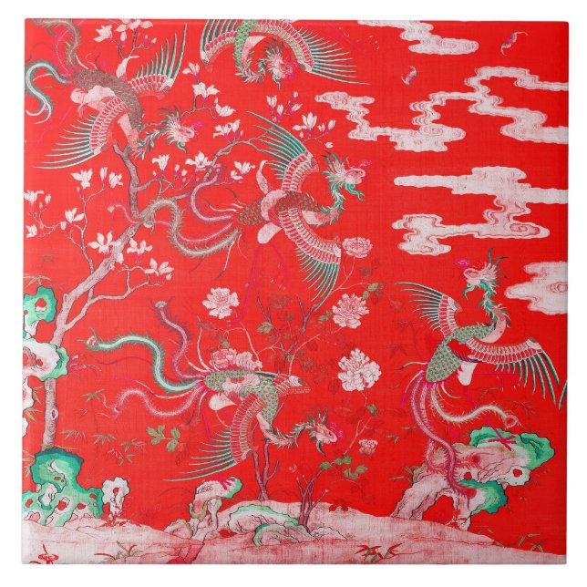 Carreau Cinq Phénix dans un Jardin Fleur Rouge Chinois Flo (Devant)