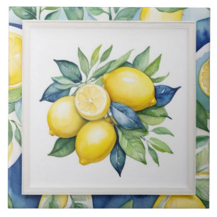 Carreau Citrons Bleu Vert Jaune Blanc Aquarelle