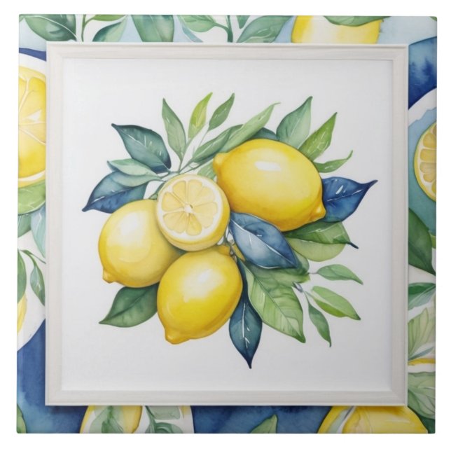Carreau Citrons Bleu Vert Jaune Blanc Aquarelle (Devant)