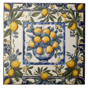 Carreau Citrons Espagnols dans un Vase Pot Bleu & Blanc