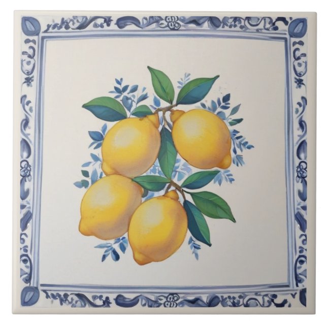 Carreau Citrons jaunes avec bordure bleue et blanche (Devant)