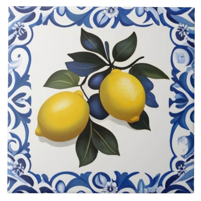 Carreau Citrons jaunes avec bordure bleue et blanche (Devant)