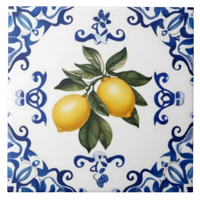Carreau Citrons méditerranéens avec bordure bleue et blanc (Devant)