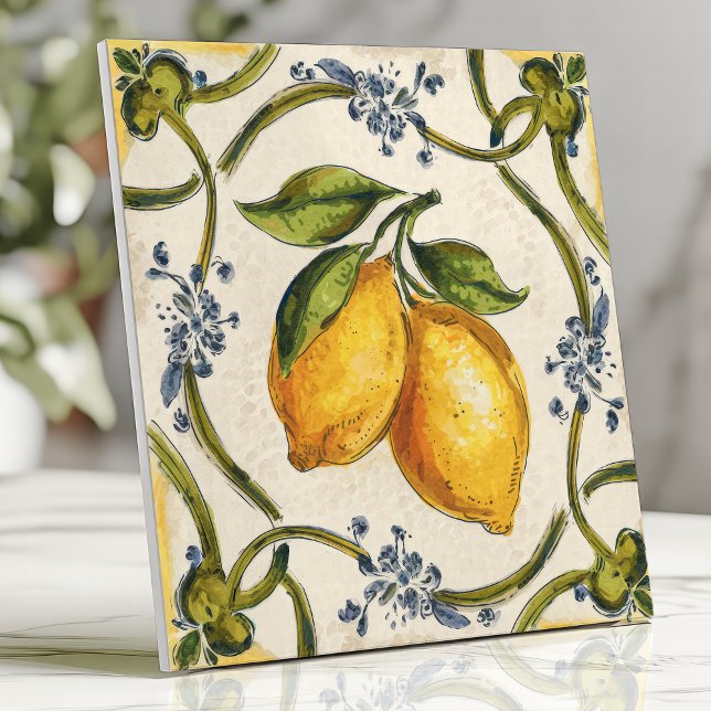 Carreau Citrons siciliens et vigne florale peints à la mai (Créateur téléchargé)