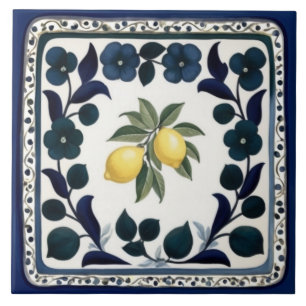 Carreau Citrons Traditionnels Fleuris Bleu Foncé et Blanc