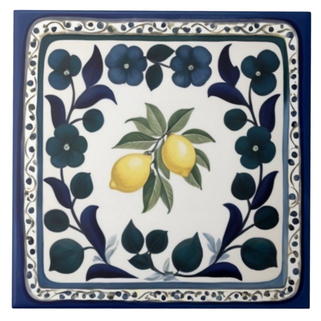 Carreau Citrons Traditionnels Fleuris Bleu Foncé et Blanc (Devant)