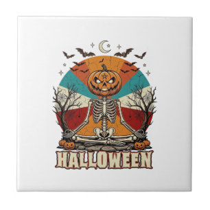 Carreau Citrouille de méditation d'Halloween Squelette Rét