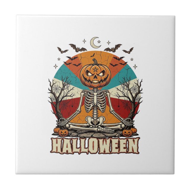 Carreau Citrouille de méditation d'Halloween Squelette Rét (Devant)