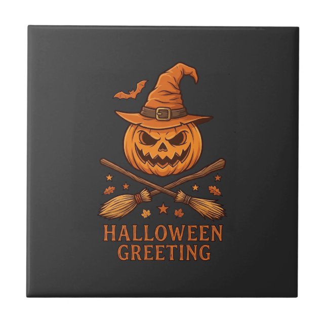 Carreau Citrouille de salutation d'Halloween Sorcière Chap (Devant)