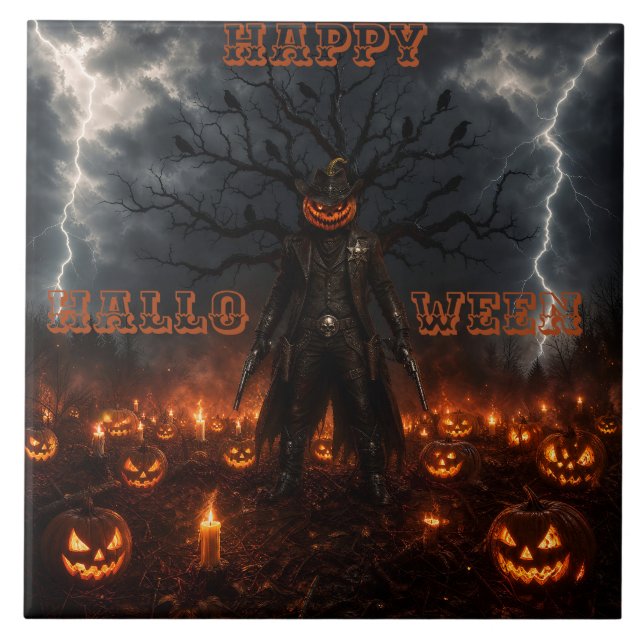 Carreau Citrouille de sheriff cowboy Halloween effrayant é (Devant)