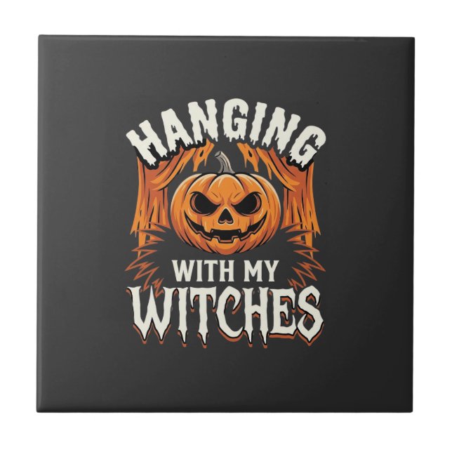 Carreau Citrouille d'Halloween avec mes sorcières suspendu (Devant)