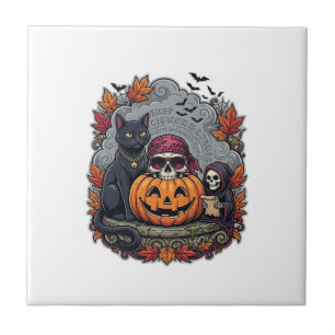 Carreau Citrouille d'Halloween Chat Crâne Faucheuse Automn
