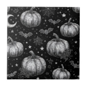 Carreau Citrouille d'Halloween noir et blanc, chauve-souri