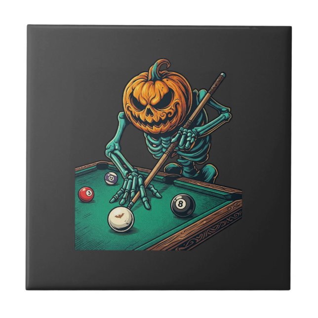 Carreau Citrouille d'Halloween squelette jouant au billard (Devant)