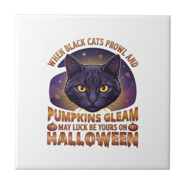 Carreau Citrouilles Brillent Halloween Chat Noir Feuilles  (Devant)
