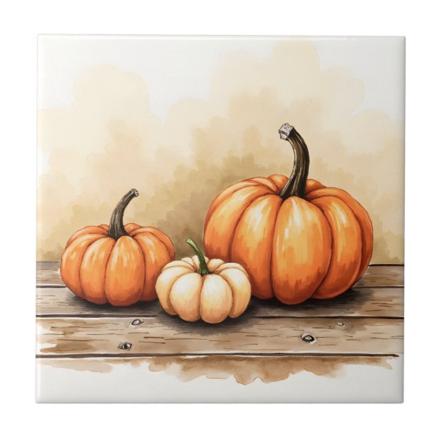 Carreau Citrouilles d'automne sur table en bois (Devant)