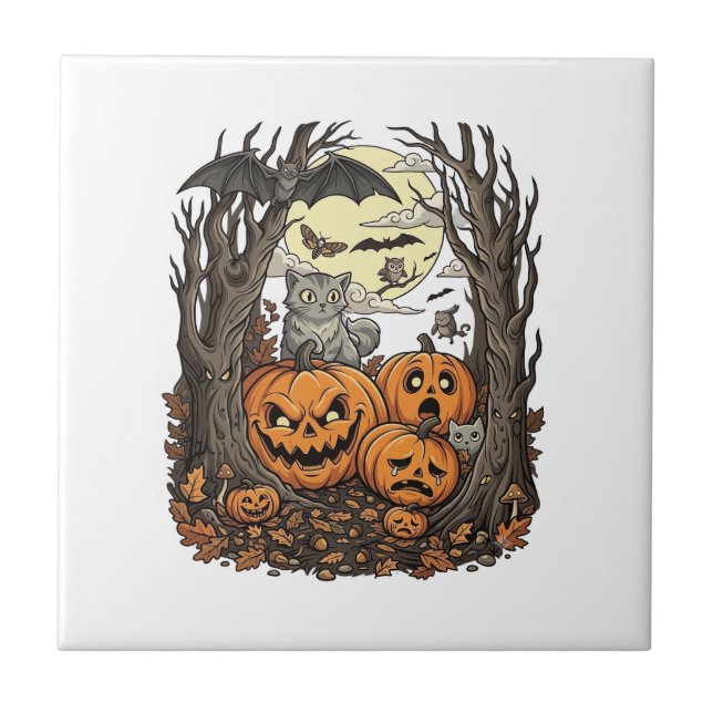 Carreau Citrouilles d'Halloween Chat Gris Chauve-Souris Pl (Devant)