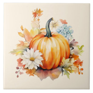 Carreau Citrouilles orange et fleurs automne