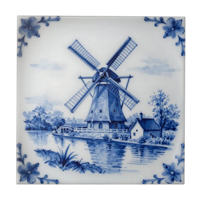 Carreau Classic Delft Blue Windmill Canal Scene (Devant)