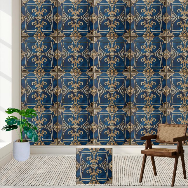 Carreau Classic Elegant Royal Blue et Gold Greek Tile (Créateur téléchargé)