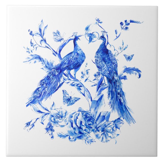 Carreau Classic Porcelain Bleu Peacocks Arrière - plan bla (Devant)