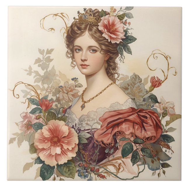 Carreau Classique, Belle Noble Femme avec Ornement Rose (Devant)
