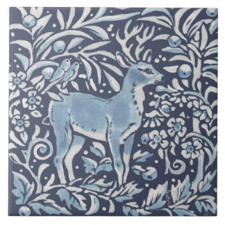 Carreau Classique Bleu Blanc Orné Forêt de Cerfs Art