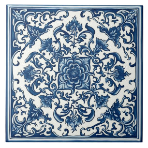 Carreau Classique Bleu et Blanc, Floral, Art Chino