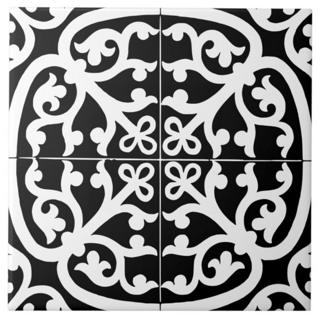 Carreau Classique Traditionnel Élégant Abstrait Noir & Bla (tile)
