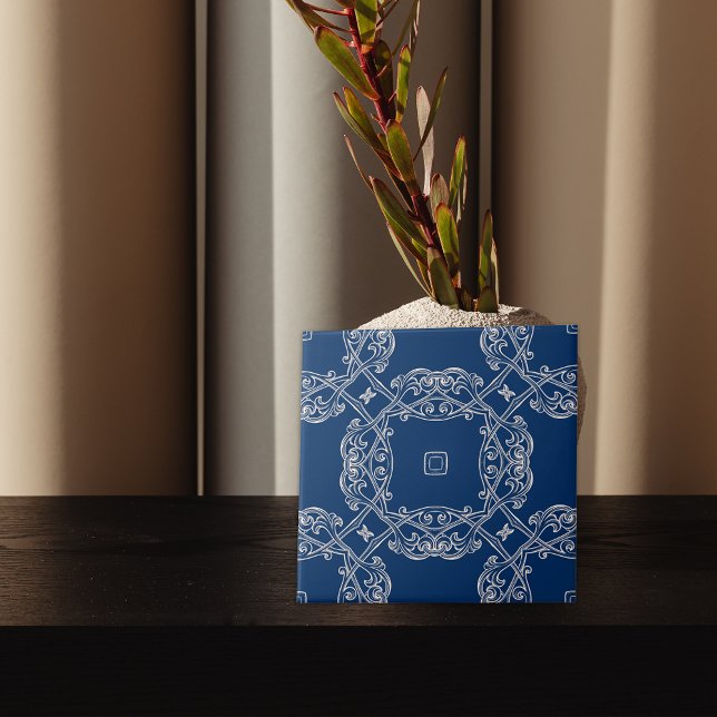 Carreau Classique Vintage Élégant Cobalt Bleu Et Blanc (Créateur téléchargé)