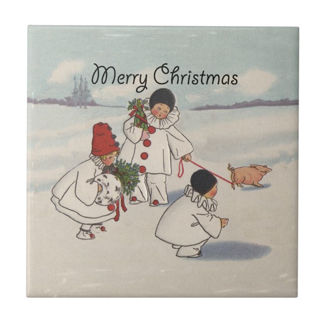 Carreau Classique Vintage Noël Enfant de neige (Devant)
