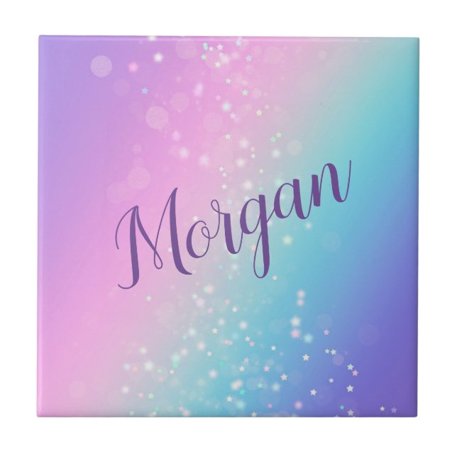 Carreau Classy Purple & Blue Bokeh Star, Nom ou Monogramme (Devant)