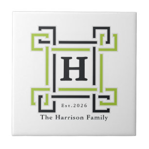 Carreau Clé grecque noire et vert citron Monogramme Blason
