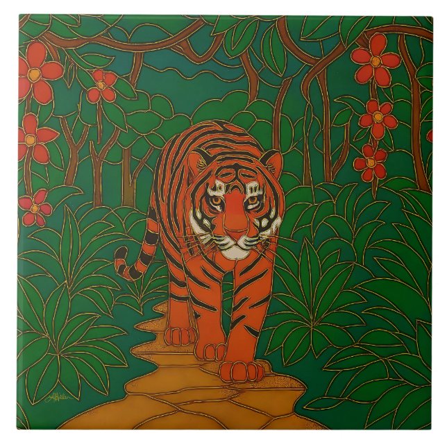 Carreau Cloisonne Art Tiger on the Jungle Path (Devant)