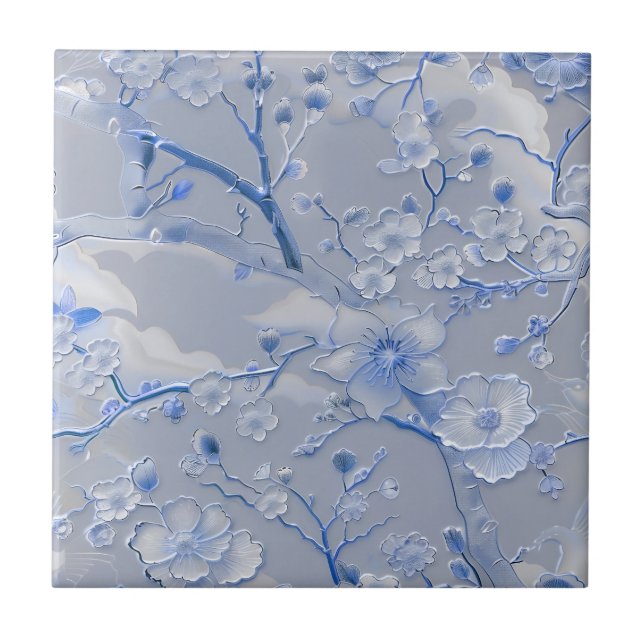 Carreau Cloisonne bleu motif floral (Devant)