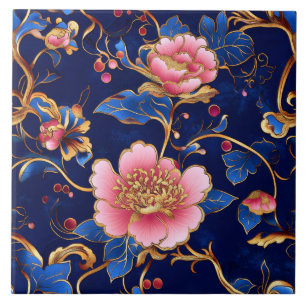 Carreau Cloisonne bleu rose motif floral