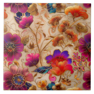 Carreau Cloisonne crème rose motif floral