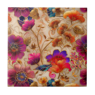 Carreau Cloisonne crème rose motif floral