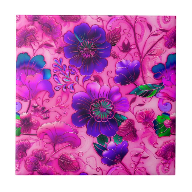 Carreau Cloisonne rose violet motif floral (Devant)