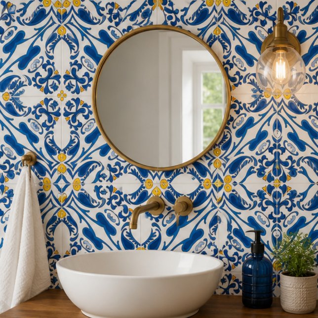 Carreau Coastal Arabesque Blue Botanical Mosaic Elegant  (Créateur téléchargé)