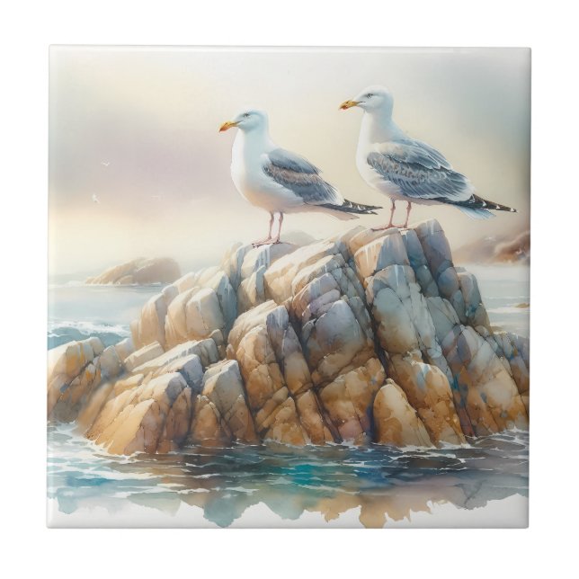 Carreau Coastal Seagulls Watercolor Seascape (Devant)