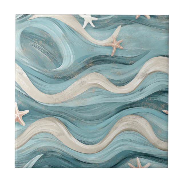 Carreau Coastal Starfish on Aqua Sand Waves Pattern (10) (Devant)