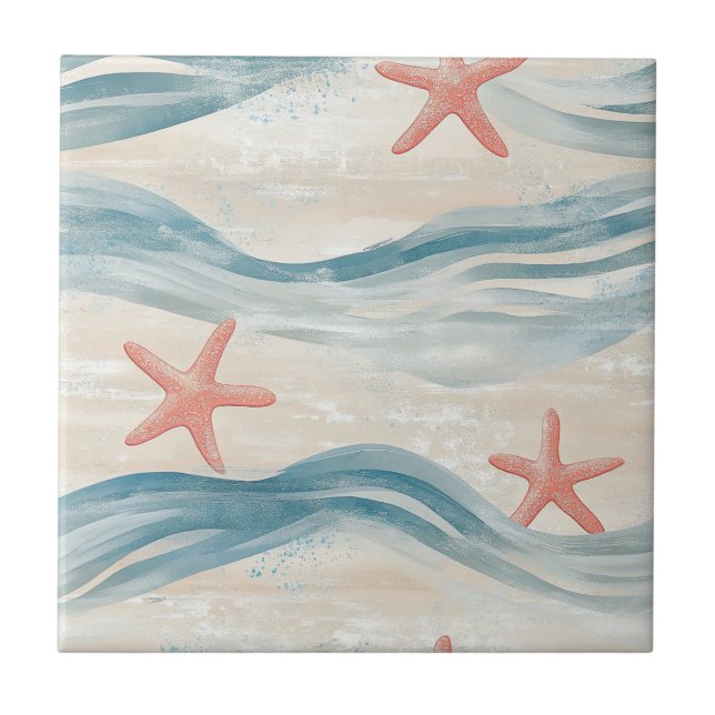 Carreau Coastal Starfish on Aqua Sand Waves Pattern (2) (Devant)