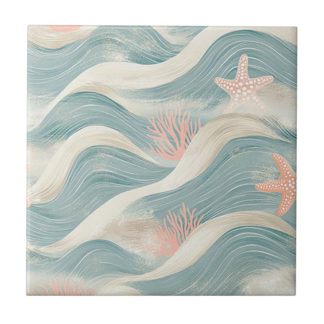 Carreau Coastal Starfish on Aqua Sand Waves Pattern (8) (Devant)