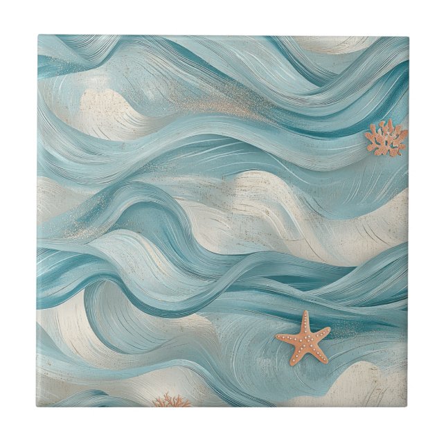 Carreau Coastal Starfish on Aqua Sand Waves Pattern (9) (Devant)