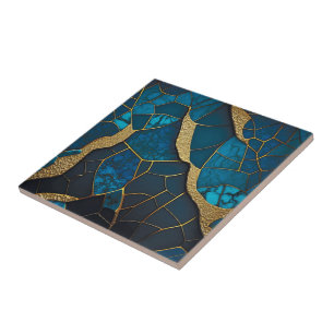 Carreau Cobalt Bleu Marbre Mosaïque Or Inlay Veines
