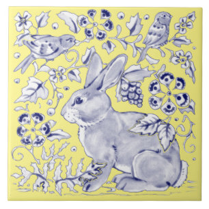 Carreau Cobalt Blue Yellow Rabbit Bird Bois Floral