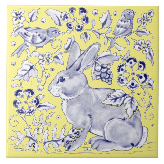 Carreau Cobalt Blue Yellow Rabbit Bird Bois Floral (Devant)